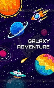 Galaxy adventure banner with flying UFO spaceship - vector clipart
