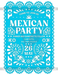 Флаер мексиканской вечеринки с вырезанным из бумаги флагом papel picado - клипарт в векторном виде