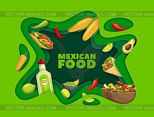 Mexican cuisine food paper cut banner, meal dishes - vector clipart