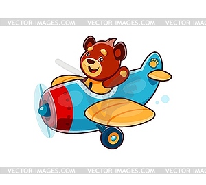 Cartoon cute bear animal character on plane, pilot - color vector clipart