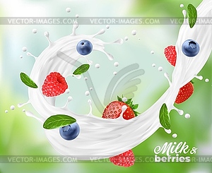 Взбейте молочные сливки или йогурт с лесными ягодами - векторное изображение