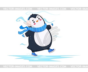 Мультяшный милый забавный пингвин катается на коньках на ледяном катке - векторная графика