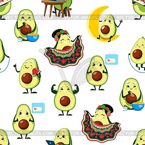 Cartoon funny avocado characters seamless pattern - vector image