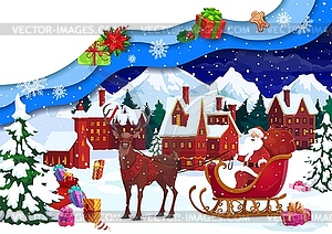 Christmas paper cut card, winter snowy town, Santa - vector clip art