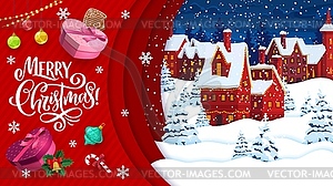Christmas paper cut banner with winter town scene - vector clip art