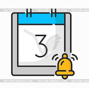 Calendar 3 day date, bell reminder color line icon - vector clipart