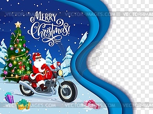 Santa on bike in winter forest Christmas paper cut - vector clip art