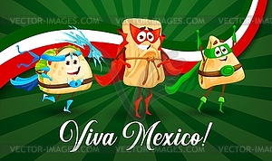 Баннер Viva Mexico с мультяшными техасско-мексиканскими кулинарными персонажами - клипарт в формате EPS