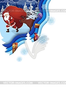 Рождественский плакат, вырезанный из бумаги, Санта с подарками - векторный клипарт / векторное изображение