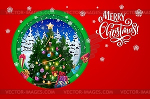 Christmas paper cut card with holiday pine tree - vector clip art