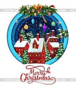 Winter christmas paper cut snowy town postcard - vector clipart