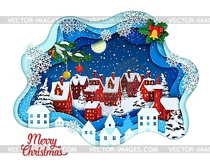 Christmas paper cut landscape, winter town, snow - vector clip art