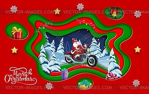 Cartoon christmas paper cut card, Santa on bike - vector image