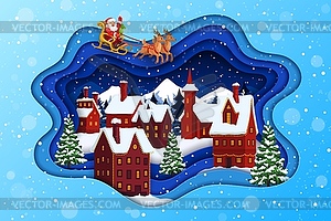 Рождественский вырезанный из бумаги Санта на санях и заснеженный городок - изображение в векторе