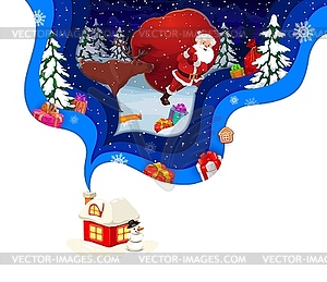 Christmas paper cut banner with Santa gifts bag - vector clipart