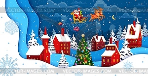 Christmas paper cut snowy town landscape and santa - stock vector clipart