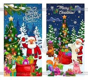 Christmas banners with Santa, bag and pine tree - vector clipart