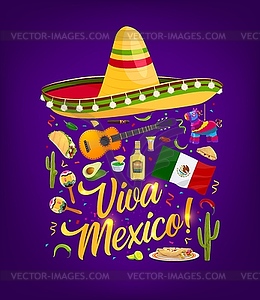 Viva Mexico banner with sombrero, food and flag - vector clip art