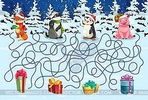 Christmas labyrinth maze help to funny animals - vector EPS clipart