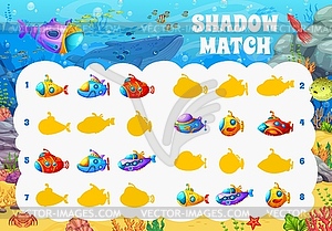 Shadow match game worksheet, cartoon sea submarine - vector image