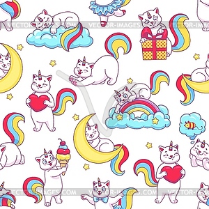 Cute funny cartoon caticorn seamless pattern - vector clipart