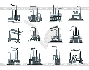 Значки зданий фабрик или промышленных предприятий - стоковый векторный клипарт