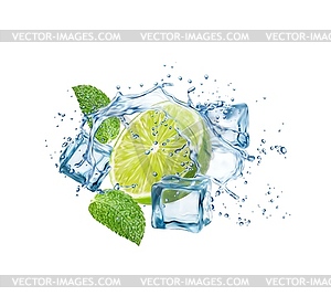 Lime, ice cubes in water splash, realistic mojito - vector clipart