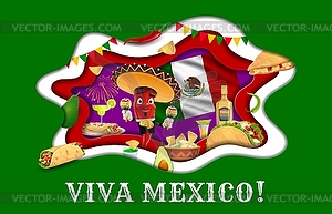 Viva mexico paper cut banner with Tex Mex cuisine - vector clipart