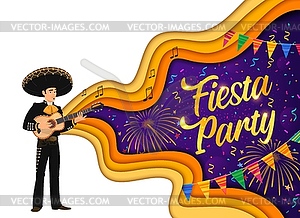 Fiesta party paper cut banner, fireworks, mariachi - vector EPS clipart