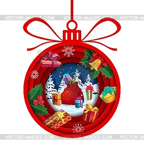 Christmas paper cut bauble with presents on snow - color vector clipart