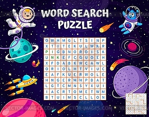 Word search puzzle game, cartoon space characters - vector image