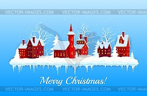 Christmas poster with snowy winter town buildings - vector clipart