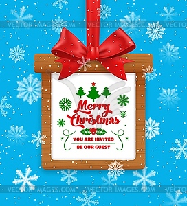 Christmas frame with red bow and snowflakes, badge - color vector clipart