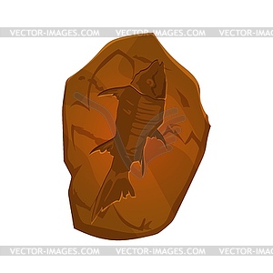 Ancient fossil, fish skeleton imprint in stone - vector image