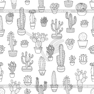 Outline cactus succulents seamless pattern - vector clip art