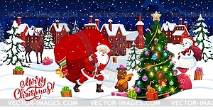 Christmas banner with Santa, holiday tree, snowman - vector clip art