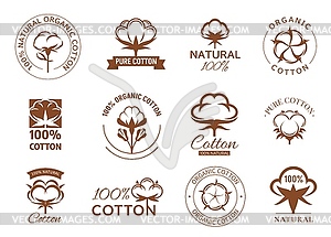 Cotton icons, organic plants, flowers, fiber balls - vector clip art