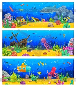Уровень аркадной игры, мультяшный подводный пейзаж - векторный рисунок