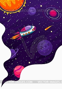 Мультяшный космический корабль в галактике, космический пейзаж - векторное изображение