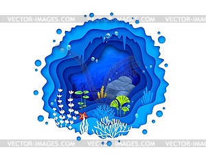 Cartoon tropical sea paper cut landscape, reef - vector clip art