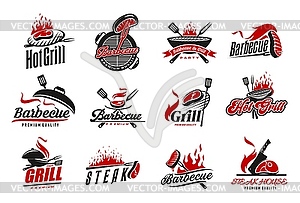 BBQ grill icons, barbecue meat on fire, steak bar - vector clipart / vector image