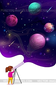 Girl kid looking through telescope at space planet - vector image