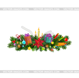 Christmas fir pine branch with poinsettia flower - vector clip art