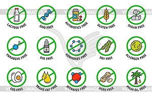 Значки, знаки, не содержащие сахара, глютена, ГМО и лактозы - векторное графическое изображение