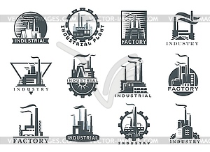 Factory, industrial plant icons, oil, gas industry - royalty-free vector image