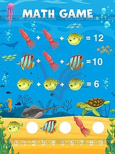 Math game worksheet cartoon animals, fish, turtle - vector image
