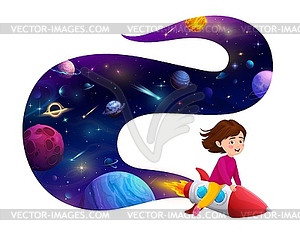 Мультяшная девочка-астронавт, летящая на космической ракете - изображение в векторном виде