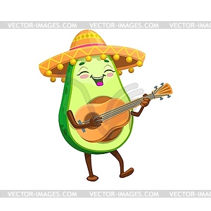 Cartoon avocado mariachi character with guitar - vector clipart