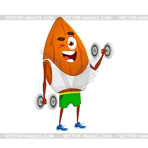 Cartoon almond nut exercising with dumbbells - vector image