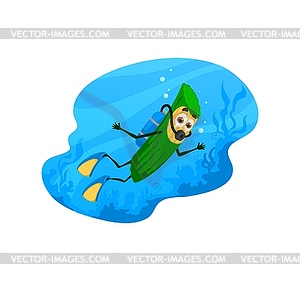 Cartoon diver pasta character in blue sea water - vector image